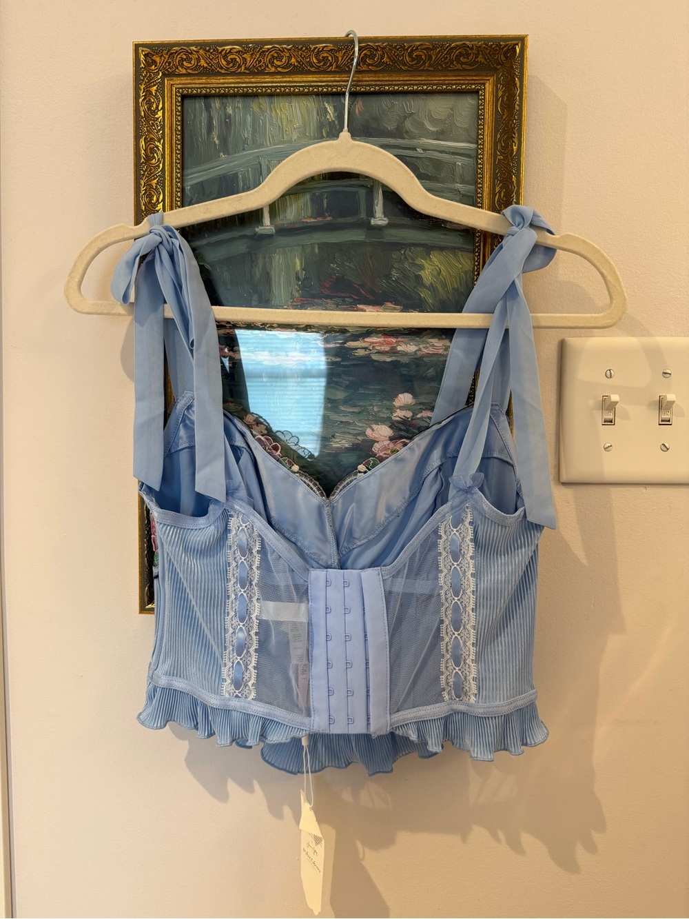 For Love And Lemons Light Blue Embroidered Satin Bustier Top - Picture 2 of 5